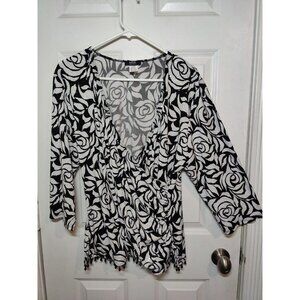 MSK Women Deep V-Neck Black White Floral Long-sleeve Dressy Sparkly Top 2X